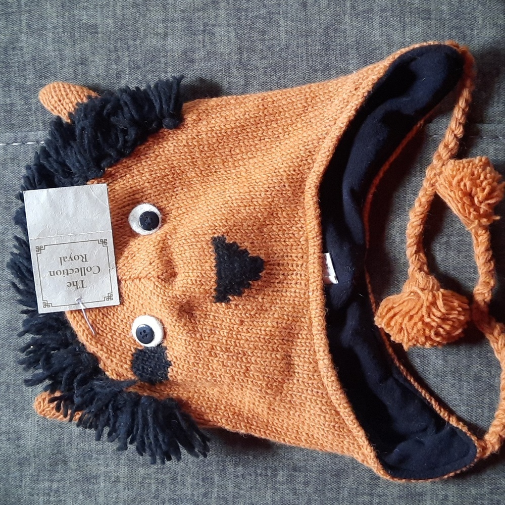 Brown Bison Wool Knit Hat Ear Flap Braided Ties Youth Teen Tween Headwear